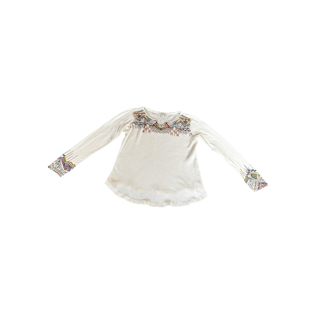 VTG Sundance Ivory Waffle Knit Embroidered Split Neck Thermal Top BohoSmall